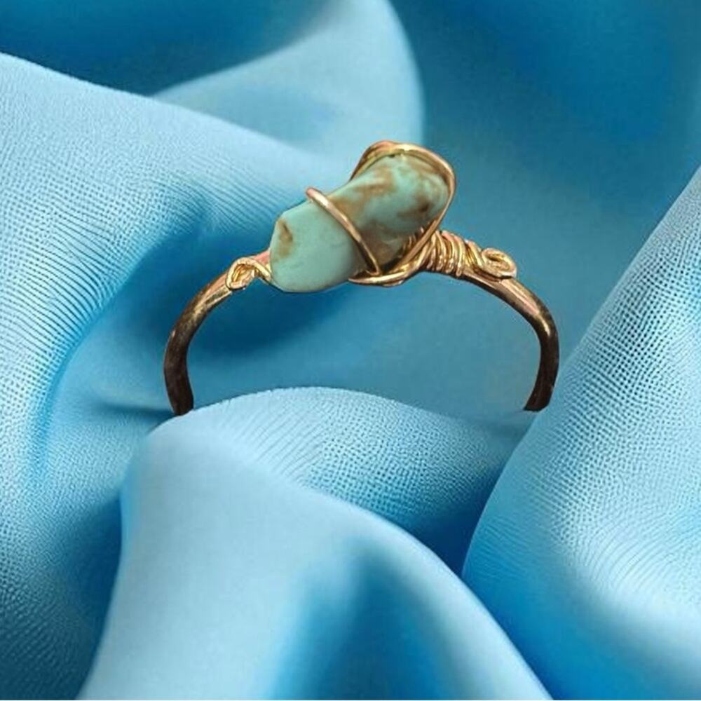 Raw Crystal Turquoise Ring for Women - Dainty Gold Wrapped